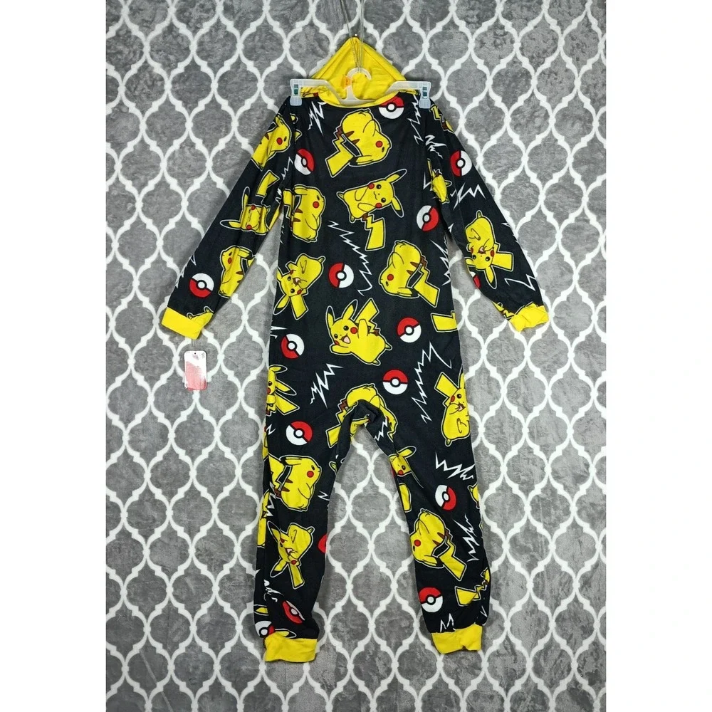 Pokemon One Piece Pajamas Boy Size 12 Black Yellow Pikachu Hooded Fleece Sleeper